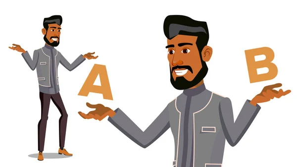 Arabische Man A met B Vector te vergelijken. Evenwicht tussen geest en emoties. Keuze van de klant. Vergelijken van objecten, manieren, Ideas.Isolated Flat Cartoon afbeelding — Stockvector