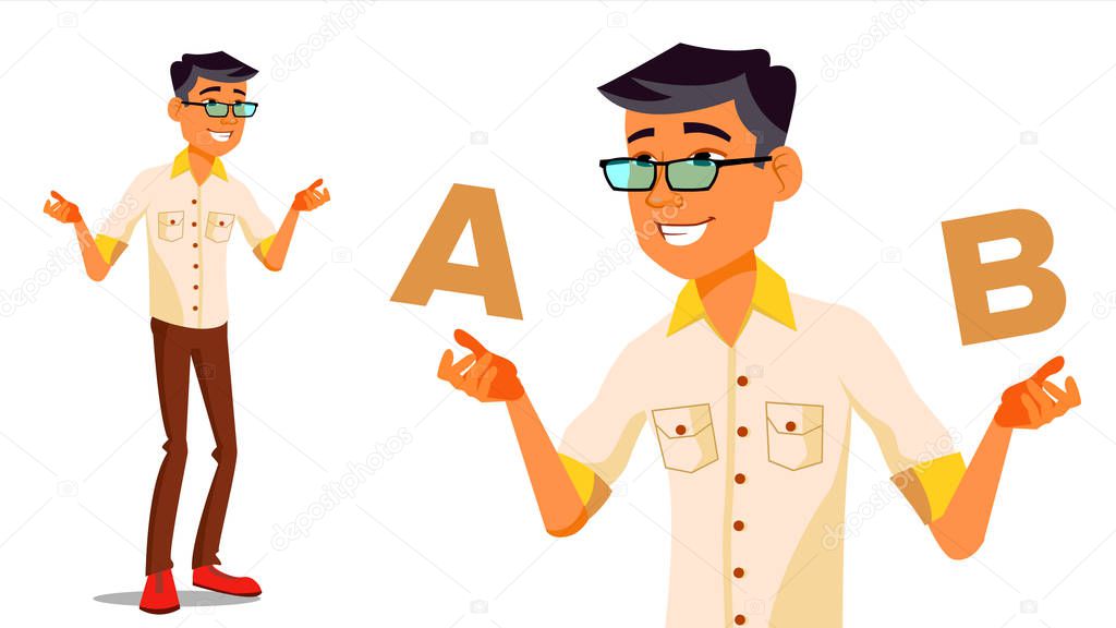 Asian Man Comparing A With B Vector. Good Idea. Carrying A Balance. Blogger Review. Compare And Choose. Isolated Flat Cartoon Illustration