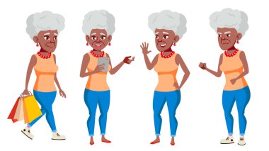 Yaşlı kadın Set vektör teşkil etmektedir. Siyah. Afro Amerikalı. Yaşlı insanlar. Üst düzey kişi. Yaşlı. Güzel emekli. Hayat. Sunum, baskı, davetiye tasarım. İllüstrasyon izole karikatür