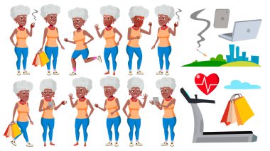 Yaşlı kadın Set vektör teşkil etmektedir. Siyah. Afro Amerikalı. Yaşlı insanlar. Üst düzey kişi. Yaşlı. Komik adam. Boş zaman. Kartpostal, duyuru, kapak tasarımı. İllüstrasyon izole karikatür