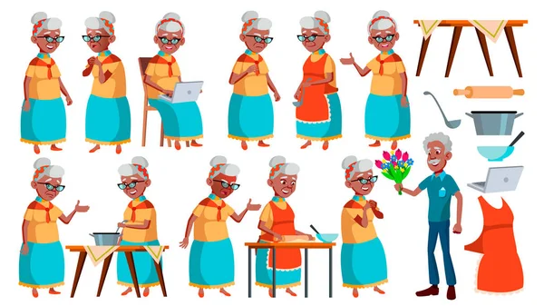 Old Woman Poses Set Vector. Black. Afro American. Elderly People. Senior Person. Aged. Active Grandparent. Joy. Presentation, Print, Invitation Design. Isolated Cartoon Illustration — Stock Vector