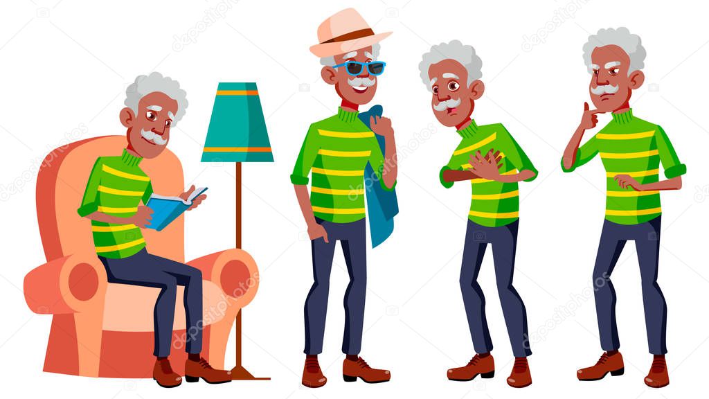 Old Man Poses Set Vector. Black. Afro American. Elderly People. Senior Person. Aged. Caucasian Retiree. Smile. Advertisement, Greeting, Announcement Design. Isolated Cartoon Illustration