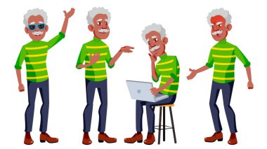 Yaşlı adam Set vektör teşkil etmektedir. Siyah. Afro Amerikalı. Yaşlı insanlar. Üst düzey kişi. Yaşlı. Pozitif emekli. Web, broşür, afiş tasarımı. İllüstrasyon izole karikatür