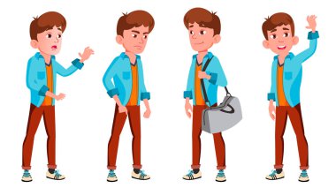 Genç çocuk Set vektör teşkil etmektedir. Beyaz, pozitif. Tanıtım, baskı, davetiye tasarım için. İllüstrasyon izole karikatür