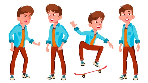 Teen Boy Poses Set Vector (em inglês). Caucasiano, positivo. Para Apresentação, Impressão, Convite Design. Ilustração de desenhos animados isolados —  Vetores de Stock