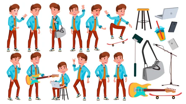 Teen Boy Poses Set Vector (em inglês). Pessoas adultas. Casual. Para Publicidade, Saudação, Anúncio Design. Ilustração de desenhos animados isolados —  Vetores de Stock