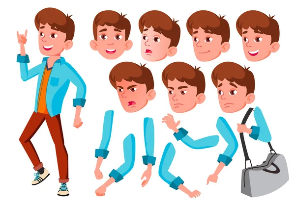 Teenager-Jungen-Vektor. Teenager. Kaukasisch, positiv. Gesicht Emotionen, verschiedene Gesten. Animationsset. isoliert flache Zeichentrickfigur Illustration — Stockvektor