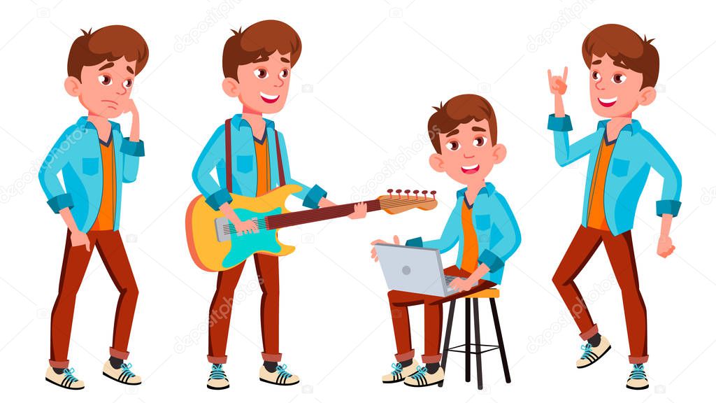 Teen Boy Poses Set Vector. Face. Children. For Web, Brochure, Poster Design. Isolated Cartoon Illustration