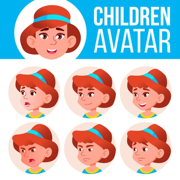 Mädchen Avatar Set Kind Vektor. Kindergarten. Gesicht Emotionen. Emotionen, Gesichtszüge, Menschen. Spaß, Heiterkeit. Werbung, Gruß. Zeichentrickkopf-Illustration — Stockvektor