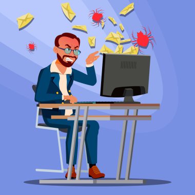 Spam virüs kavramı vektör. Adam Internet teknolojisi. Çevrimiçi posta saldırı. Bilgi kesmek. Web suç. Tehlike e-posta. Dolandırıcılık korumak. Düz çizgi film illüstrasyon