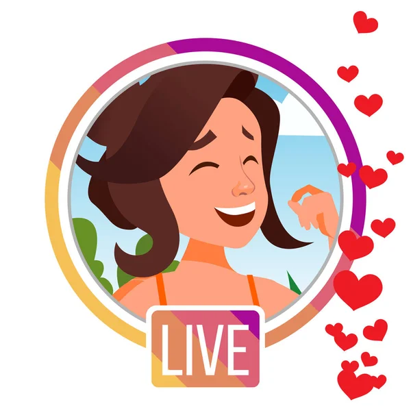 Histórias Vector. Menina Streamer. Transmissão de vídeo ao vivo. Streaming Online de Vídeo. Conceito de Mídia Social. Aplicação Interface móvel. Ícone, Avatar. Usuário Streamer. Ilustração de desenhos animados plana —  Vetores de Stock