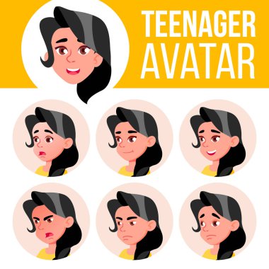 Genç kız Avatar Set vektör. Yüz duygular. Düz, portre. Şirin, komik, Web. Karikatür Head illüstrasyon