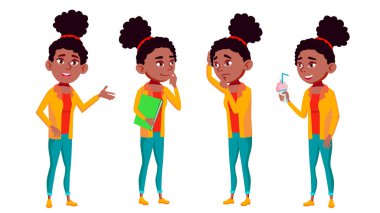 Genç kız Set vektör teşkil etmektedir. Eğlenceli, neşeli. Siyah. Afro Amerikalı. Web, Poster, kitapçık tasarımı için. İllüstrasyon izole karikatür