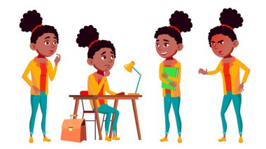Genç kız Set vektör teşkil etmektedir. Şirin, komik. Siyah. Afro Amerikalı. Sevinç. Kartpostal, duyuru, kapak tasarımı için. İllüstrasyon izole karikatür