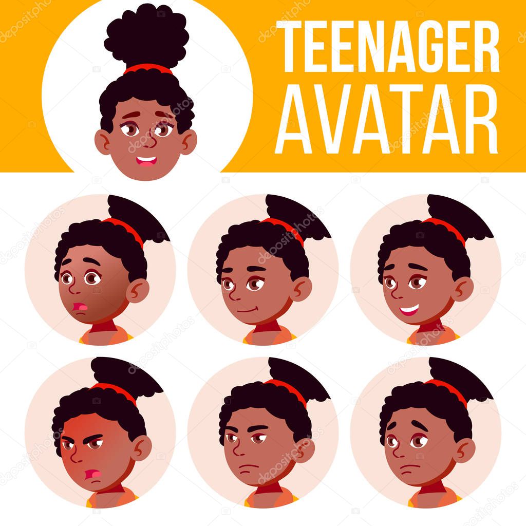Teen Girl Avatar Set Vector. Black. Afro American. Face Emotions. Facial, People. Active, Joy. Cartoon Head Illustration