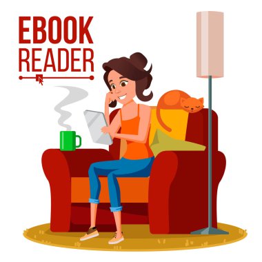 E-kitap okuyucu vektör. Kız. Online Kütüphane. EBook kullanma. Elektronik Gadget'ı. Düz çizgi film illüstrasyon izole
