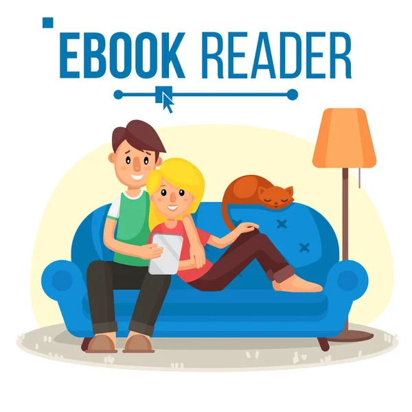 E-kitap okuyucu vektör. E-öğrenme. Çift evde. Online Kütüphane. EBook kullanma. Başka bir aygıtı. Bir E-kitap ile okuma. Düz çizgi film illüstrasyon izole — Stok Vektör