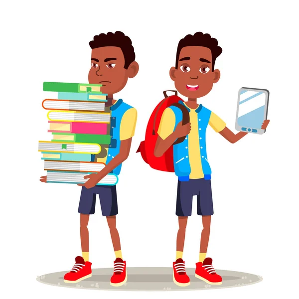 E-Book Reader Vector. Ragazzo, bambino afro-americano. Educazione contemporanea. Libro di carta VS E-book. Illustrazione del fumetto piatto isolato — Vettoriale Stock