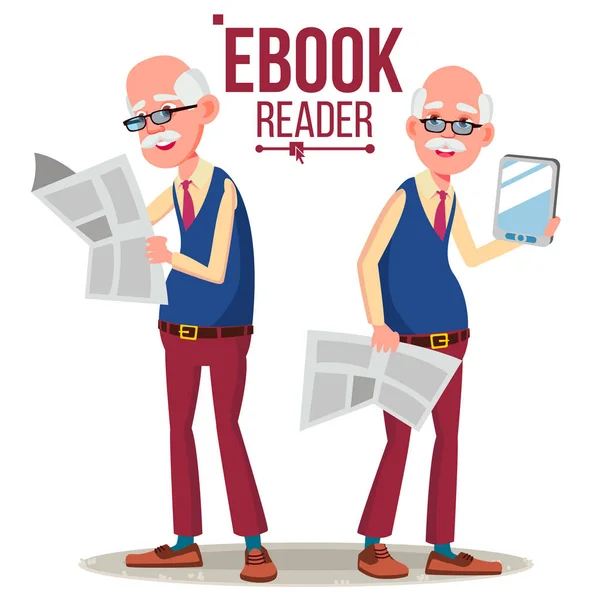 Leitor de E-Book Vector. Velho. Livro de papel VS E-book. Ilustração plana isolada dos desenhos animados — Vetor de Stock
