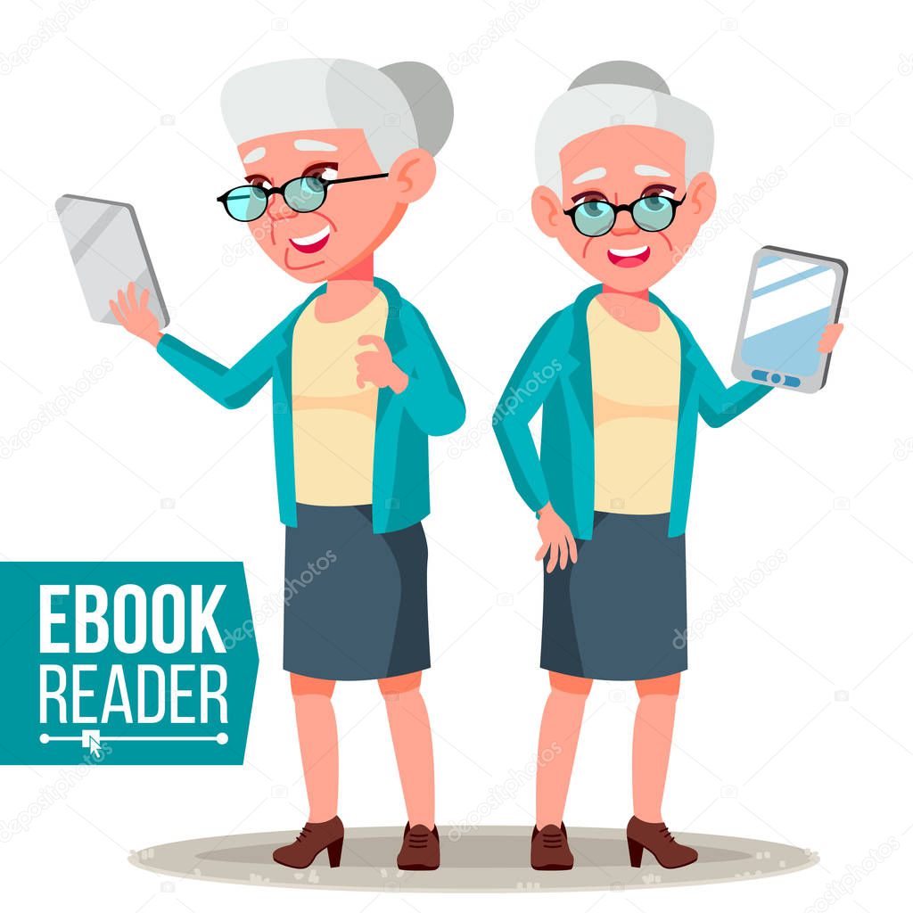 E-Book Reader Vector. Old Woman. Electronic Gadget. Mobile Library. Digital Tablet. Isolated Flat Cartoon Illustration