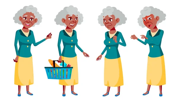 Old Woman Poses Set Vector. Personas mayores. Negro. Afroamericano. Persona mayor. Envejecido. Hermoso jubilado. La vida. Tarjeta, Anuncio, Diseño de saludos. Ilustración de dibujos animados aislados — Archivo Imágenes Vectoriales