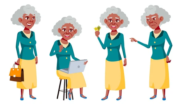 Old Woman Poses Set Vector. Black. Afro American. Elderly People. Senior Person. Aged. Friendly Grandparent. Banner, Flyer, Brochure Design. Isolated Cartoon Illustration — Stock Vector