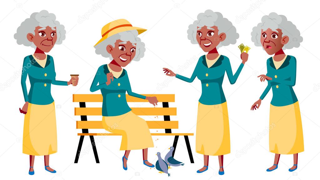 Old Woman Poses Set Vector. Black. Afro American. Elderly People. Senior Person. Aged. Funny Pensioner. Leisure. Postcard, Announcement, Cover Design. Isolated Cartoon Illustration