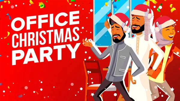 Büro Weihnachtsfeier Vektor. Neujahr feiern. Menschen mit Weihnachtsmannmütze. Cartoon-Illustration — Stockvektor