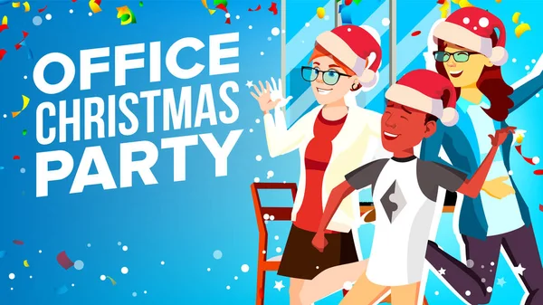 Weihnachten Corporate Party Vektor. Spaß haben. Menschen mit Weihnachtsmannmütze. Unternehmerteam. Cartoon-Illustration — Stockvektor