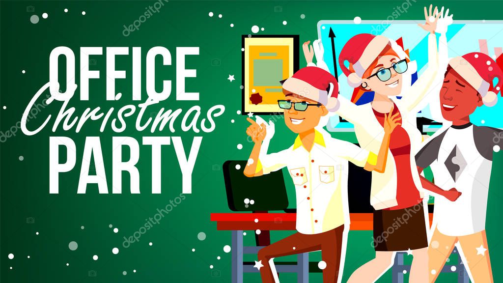 Christmas Party In Office Vector. Santa Hats. Friends In Office. Merry People. New Year s Hats. Cartoon Illustration