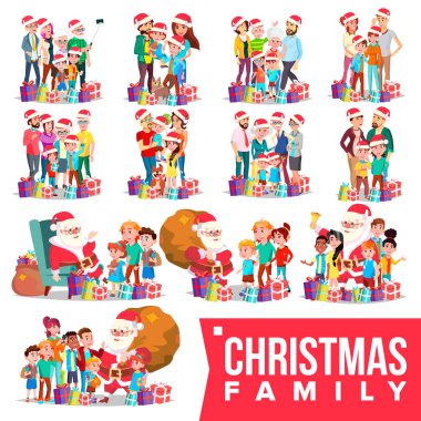 Noel aile portre Set vektör. Tam mutlu bir aile. Geleneksel olay. Noel Baba şapkaları. Mutlu yıllar, mutlu yıllar. Hediyeler. Anne-babalar, Büyükanne ve büyükbaba, çocuklar. Tebrik, kartpostal tasarım. İllüstrasyon