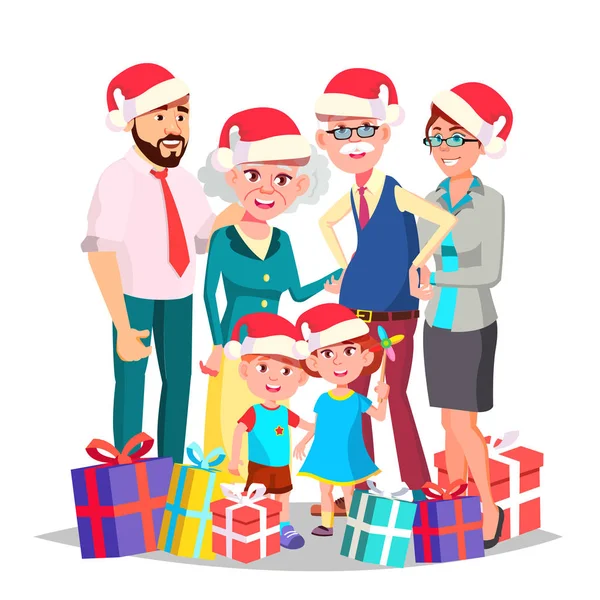 Noel aile vektör. Tam bir aile. Portre. Kış tatili. Noel Baba şapkaları. Baba, Anne, çocuk, Büyükanne ve büyükbaba. Afiş, reklam şablonu. İllüstrasyon izole karikatür — Stok Vektör