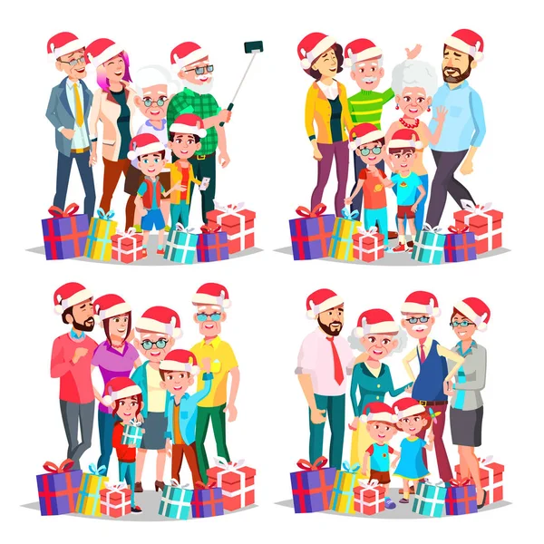 Set famiglia vettoriale di Natale. Grande ritratto di famiglia felice. Padre, madre, figli, nonni col cappello da Babbo Natale. Evento tradizionale. Vacanze invernali. La vigilia di dicembre. Festeggiamo. Allegro. Illustrazione — Vettoriale Stock