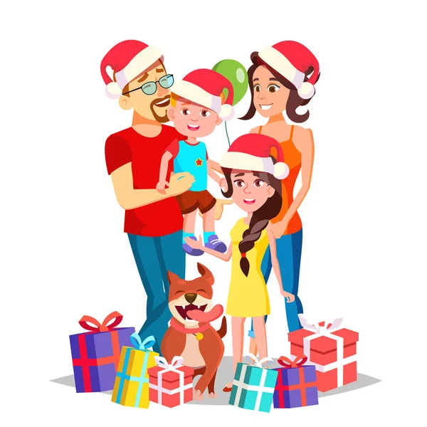 Karácsonyi családi portré vektor. Szülők, gyermekek. boldog. Újévi ajándékok. Hagyományos esemény. Plakát, reklám sablont. Elszigetelt rajzfilm illusztráció — Stock Vector