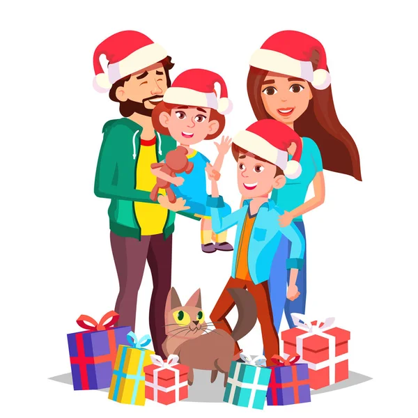 Karácsonyi családi vektor. Anya, apa, gyermekek együtt. A Santa kalap. Teljes család. Ünnepli. Dekorációs elemet. Elszigetelt rajzfilm illusztráció — Stock Vector