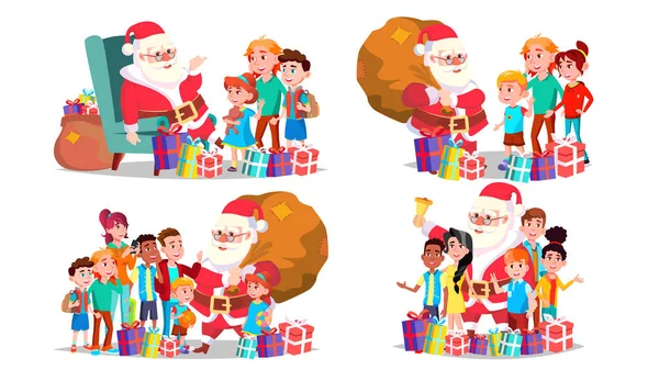 Kerstman met kinderen ingesteld Vector. Vrolijke kinderen. Vooravond van december vieren. Prettige kerstdagen en gelukkig Nieuwjaar. Poster, reclame sjabloon. Geïsoleerde Cartoon afbeelding — Stockvector