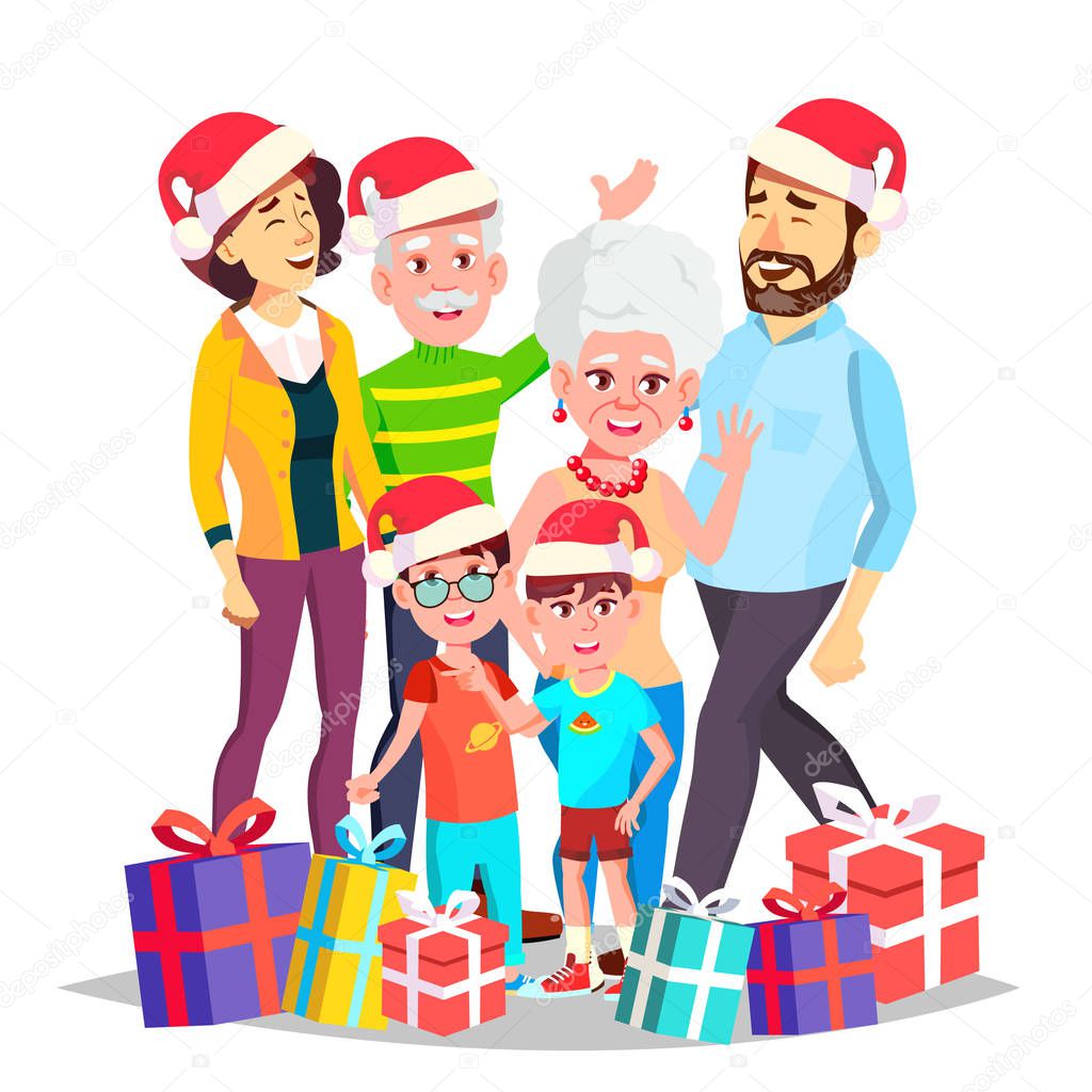 Christmas Family Vector. Celebrating. Mom, Dad, Children, Grandparents Together. In Santa Hats. Decoration Element. Isolated Cartoon Illustration