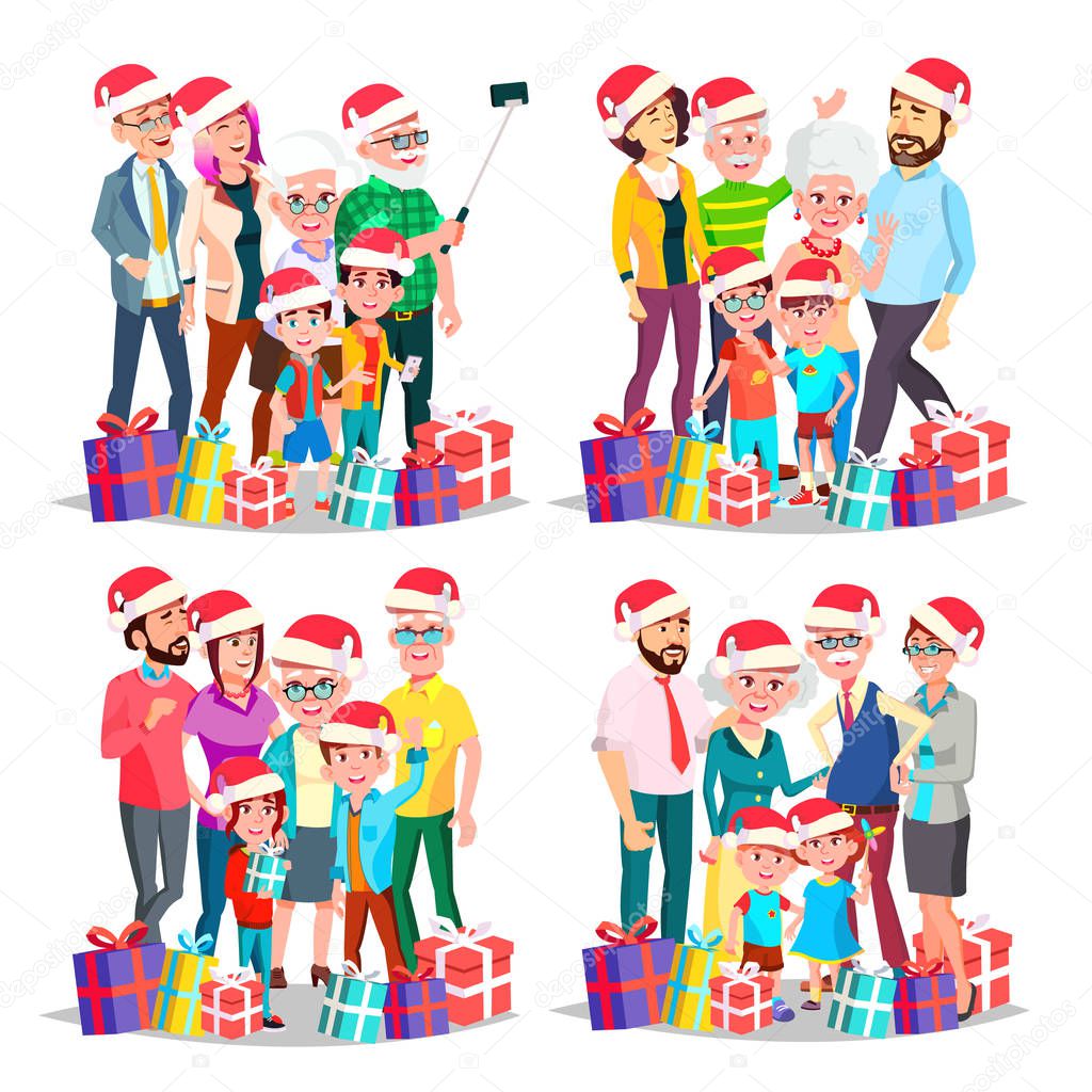 Christmas Family Set Vector. Big Full Happy Family Portrait. Father, Mother, Kids, Grandparents In Santa Hats. Traditional Event. Winter Holidays. December Eve. Celebrating. Cheerful. Illustration