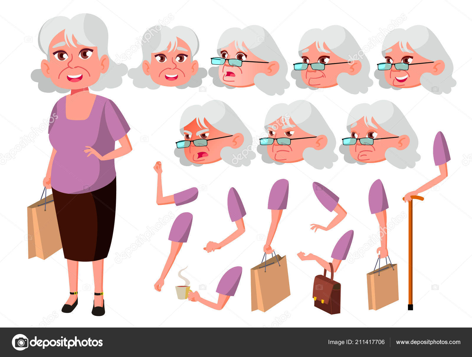 Old Woman Vector. Senior Person. Aged, Elderly People. Cute, Comic. Joy.  Face Emotions, Various Gestures. Animation Creation Set. Isolated Flat  Cartoon Character Illustration Stock Vector Image by ©pikepicture #211417706