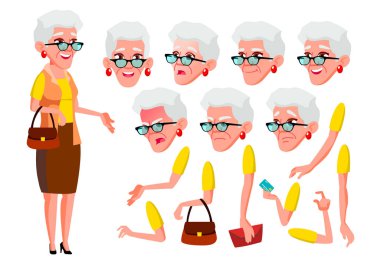 Yaşlı kadın vektör. Üst düzey kişi. Yaşlı, yaşlı insanlar. Oldukça. Duygular, çeşitli hareketler karşısında. Animasyon oluşturma küme. Düz çizgi film karakteri illüstrasyon izole