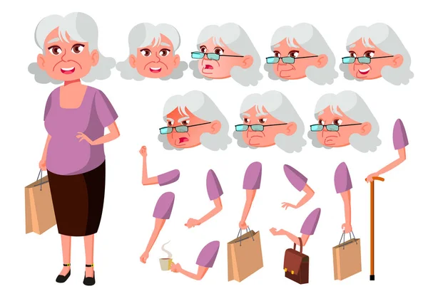 Vektor Wanita Tua. Orang Senior. Berusia, orang tua. Lucu, Comic. Kegembiraan. Emosi wajah, berbagai gerakan. Animasi Penciptaan Ditata. Ilustrasi Karakter Kartun Datar Terisolasi - Stok Vektor