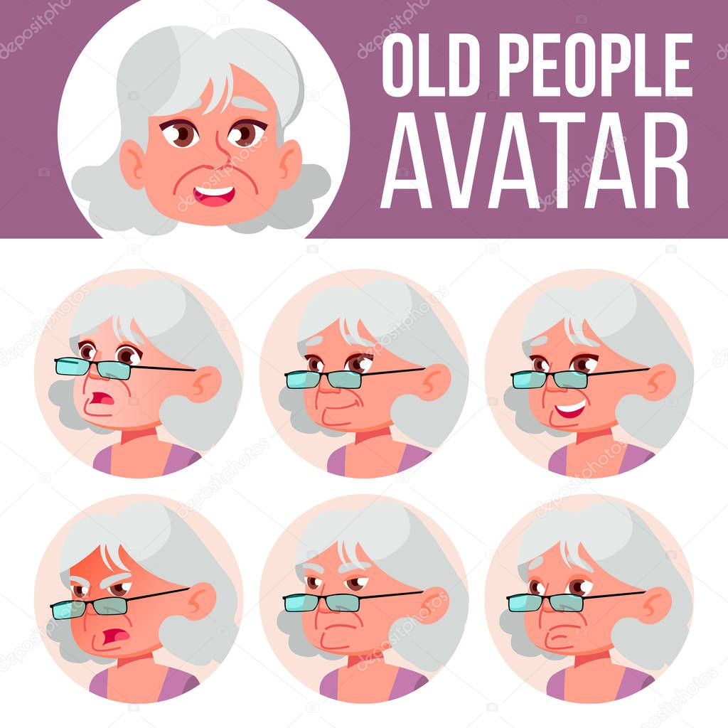 Old Woman Avatar Set Vector. Face Emotions. Senior Person Portrait. Elderly People. Aged. Beauty, Lifestyle. Cartoon Head Illustration