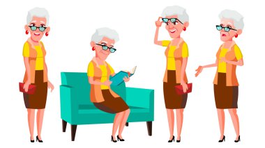 Yaşlı kadın Set vektör teşkil etmektedir. Yaşlı insanlar. Üst düzey kişi. Yaşlı. Neşeli büyükbaba veya büyükanne. Sunum, davet, kart tasarımı. İllüstrasyon izole karikatür