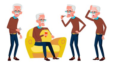 Yaşlı adam Set vektör teşkil etmektedir. Yaşlı insanlar. Üst düzey kişi. Yaşlı. Komik adam. Boş zaman. Kartpostal, duyuru, kapak tasarımı. İllüstrasyon izole karikatür