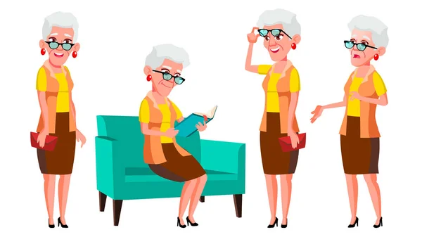 Old Woman Poses Set Vector. Elderly People. Senior Person. Aged. Cheerful Grandparent. Presentation, Invitation, Card Design. Isolated Cartoon Illustration — Stock Vector