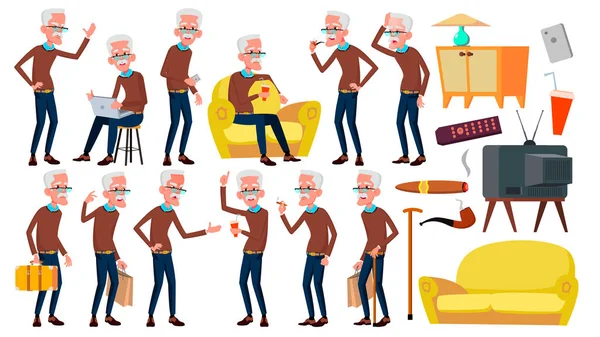 Old Man Poses Set Vector. Personas mayores. Persona mayor. Envejecido. Jubilado caucásico. Sonríe. Web, póster, diseño de cuadernillos. Ilustración de dibujos animados aislados — Vector de stock