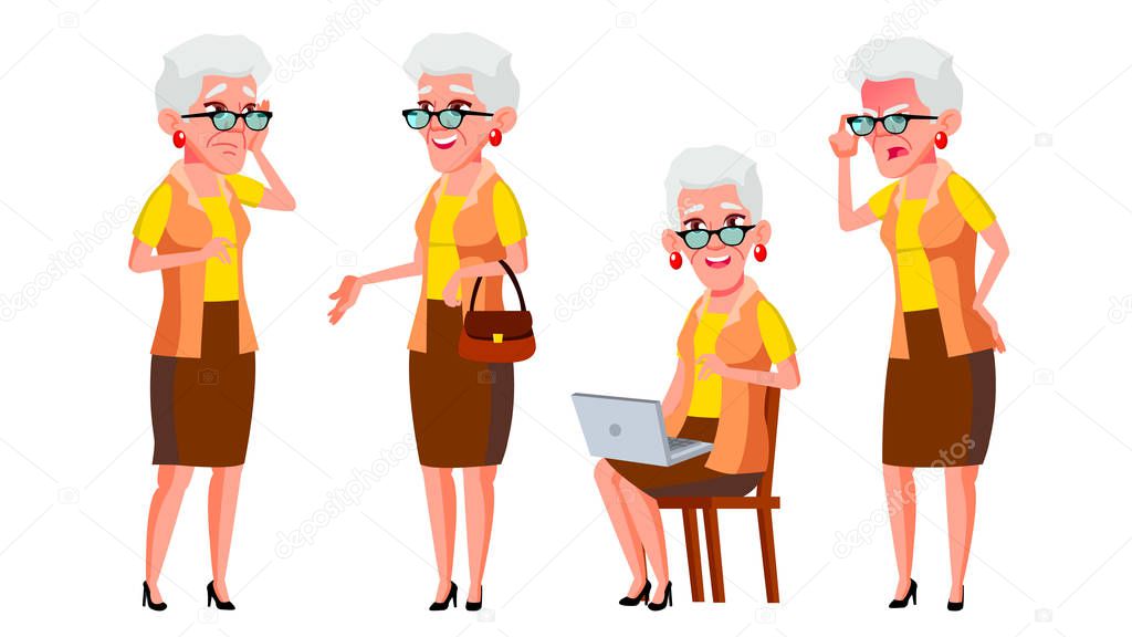 Old Woman Poses Set Vector. Elderly People. Senior Person. Aged. Positive Pensioner. Advertising, Placard, Print Design. Isolated Cartoon Illustration