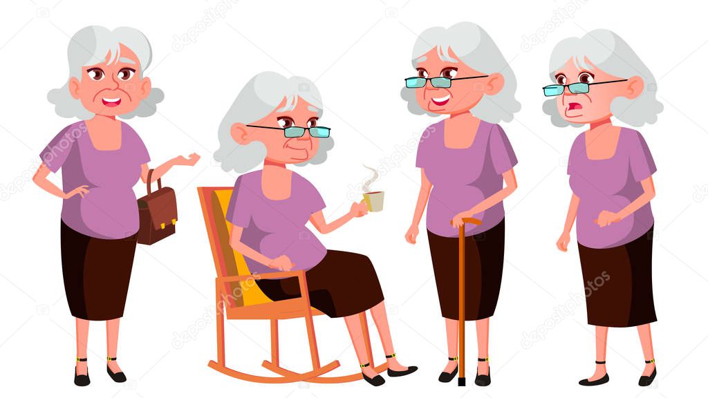 Old Woman Poses Set Vector. Elderly People. Senior Person. Aged. Beautiful Retiree. Life. Presentation, Print, Invitation Design. Isolated Cartoon Illustration