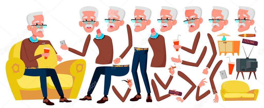 Old Man Vector. Senior Person Portrait. Elderly People. Aged. Animation Creation Set. Face Emotions, Gestures. Cute Retiree. Activity. Announcement. Animated. Isolated Cartoon Illustration