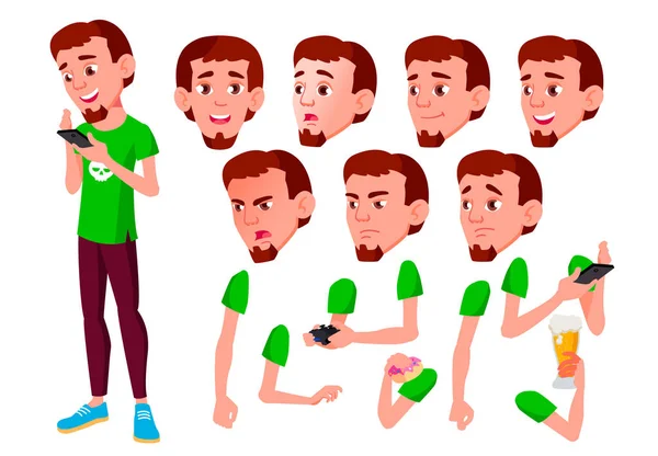 Genç çocuk vektör. Genç. Etkin, ifade. Duygular, çeşitli hareketler karşısında. Animasyon oluşturma küme. Düz çizgi film karakteri illüstrasyon izole